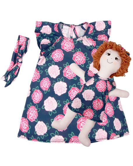 Vestido Bebe Infantil Com Boneca De Pano Kit com Faixa de Cabeça - Marinho GG