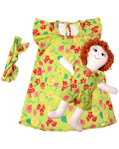 Vestido Bebe Infantil Com Boneca De Pano Kit com Faixa de Cabeça - Verde GG