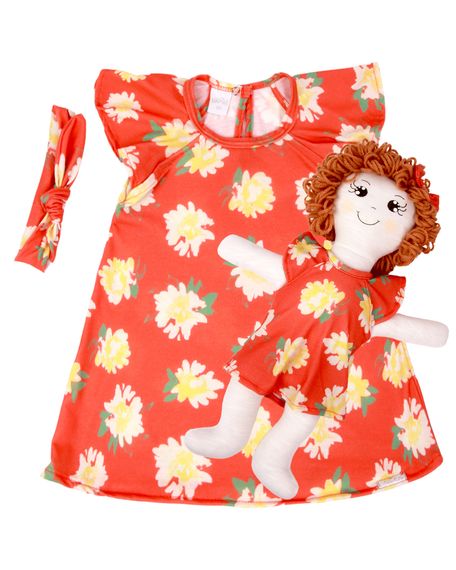 Vestido Bebe Infantil Com Boneca De Pano Kit com Faixa de Cabeça - Laranja GG