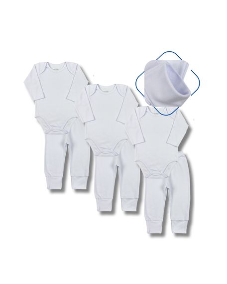 Kit Bebê 6 peças - 3 Bodies e 3 Calças de Suedine - Branco RN