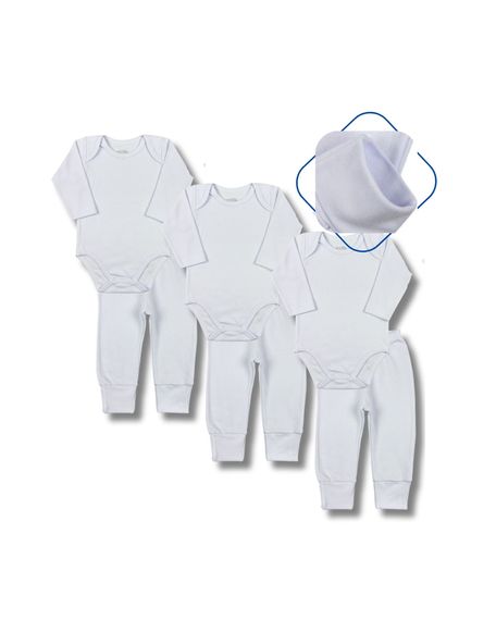 Kit Bebê 6 peças - 3 Bodies e 3 Calças de Suedine - Branco M