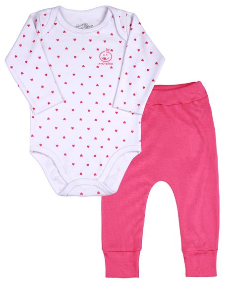 Pijama Bebê Comprido Body Suedine Estampado Algodão e Calça de Ribana - Pink 1