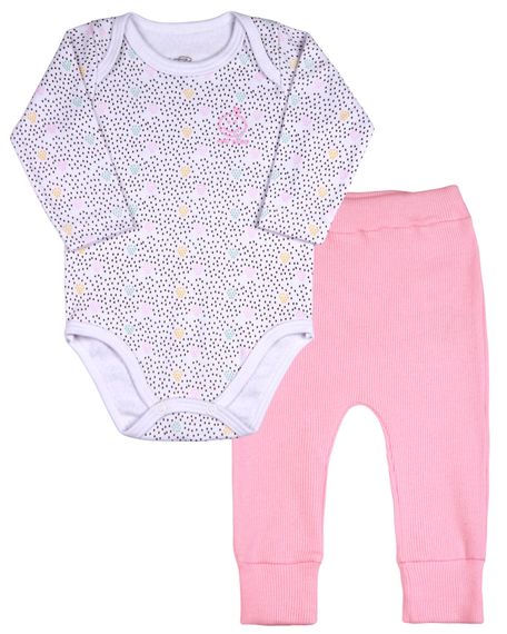 Pijama Bebê Comprido Body Suedine Estampado Algodão e Calça de Ribana - Rosa P