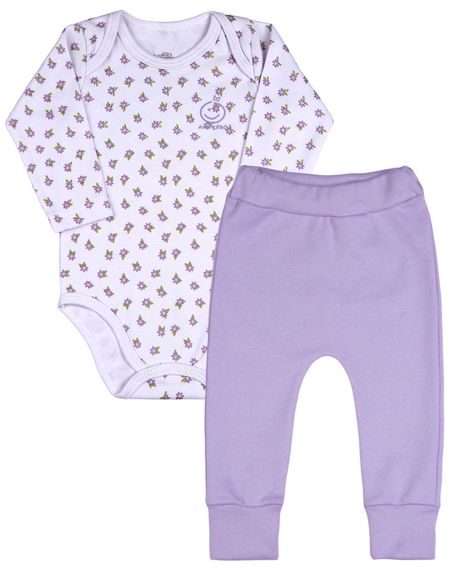 Pijama Bebê Comprido Body Suedine Estampado Algodão e Calça de Ribana - Lilas M