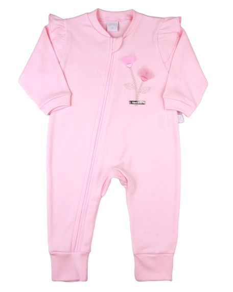 Macacao-Bebe-Menina-Comprido-Suedine-Algodao-Liso-Flores-Aplicadas-Rosa