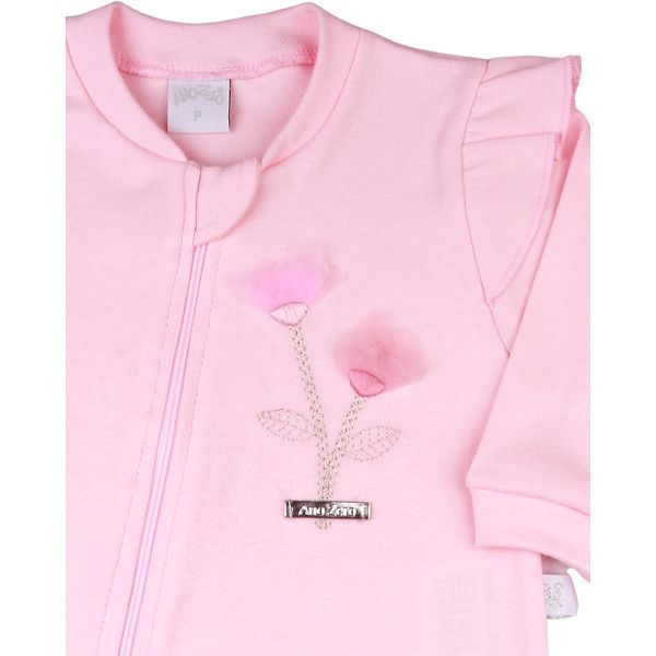 Macacao-Bebe-Menina-Comprido-Suedine-Algodao-Liso-Flores-Aplicadas-Rosa