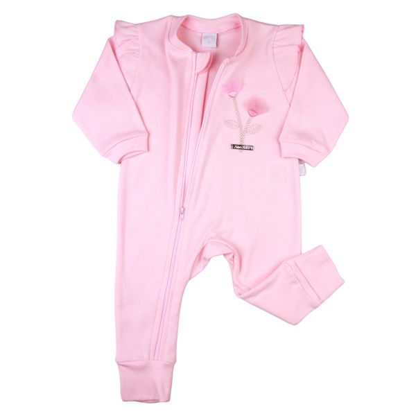 Macacao-Bebe-Menina-Comprido-Suedine-Algodao-Liso-Flores-Aplicadas-Rosa