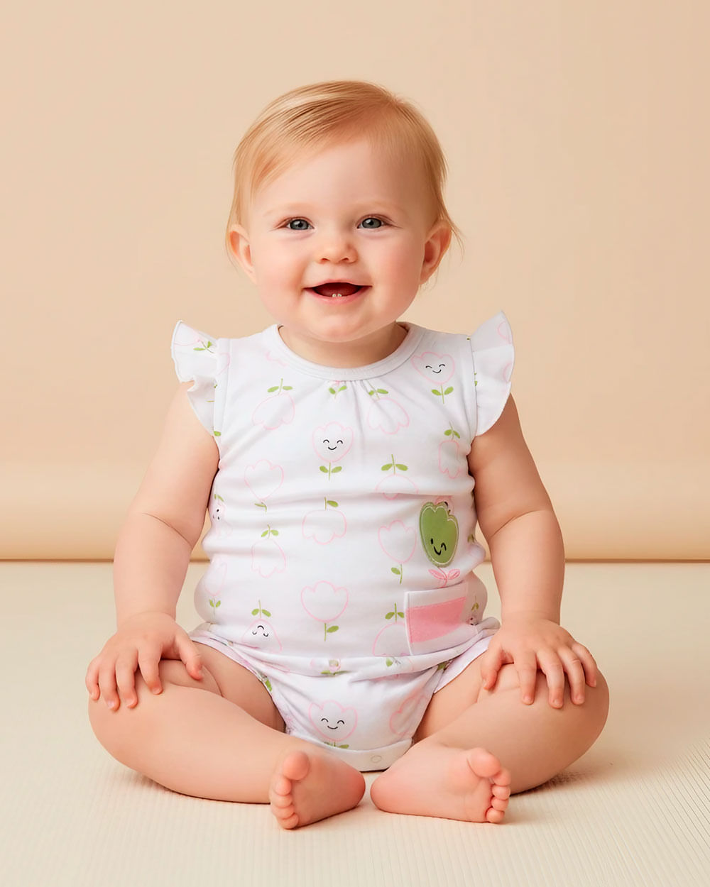 Macacão Bebê Menina Curto Suedine Algodão Estampado Tulipas